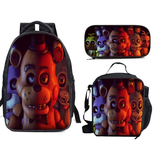 FNAF Schulranzen-Rucksack, 3-teiliges Set, Elementarspiel-Cartoon-Schulrucksack, 3D-Druck, Lunchtasche, Federmäppchen für Jungen und Mädchen, Schule, Typ 4, Einheitsgröße, Anime von Hamender