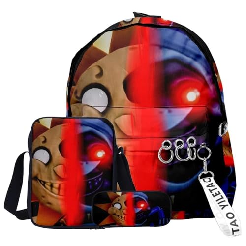 Hamender FNAF Schulranzen 3-teiliges Set Sicherheitsverletzung Schulranzen Fazbear Foxy Stifttasche Bedruckt Casual Anime Umhängetasche für Jungen Mädchen, Typ 19, Cartoon von Hamender