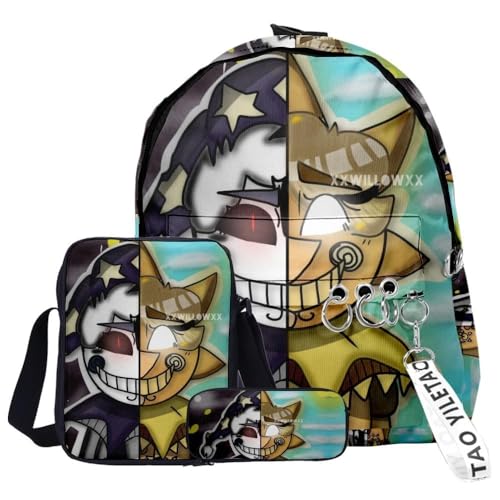 Hamender FNAF Schultasche mit Sonnenmond-Motiv, 3 Stück, Fazbear's Piazzaria, modischer Schulrucksack, Federmäppchen, Geschenk für Jungen, Mädchen, Studenten, Reisen, unverzichtbarer Tagesrucksack, von Hamender