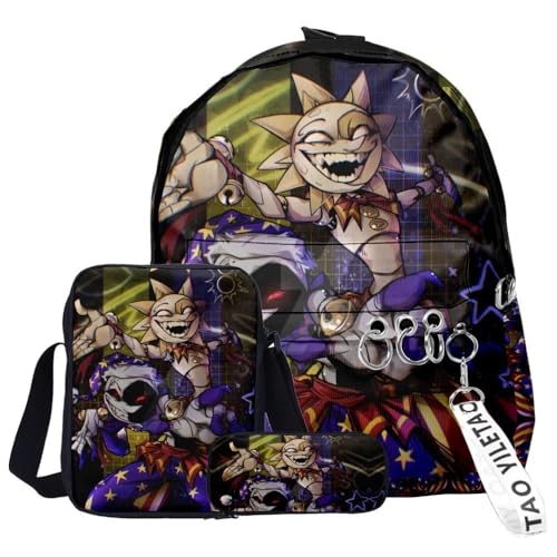 Hamender FNAF Schultasche mit Sonnenmond-Motiv, 3 Stück, Fazbear's Piazzaria, modischer Schulrucksack, Federmäppchen, Geschenk für Jungen, Mädchen, Studenten, Reisen, unverzichtbarer Tagesrucksack, von Hamender