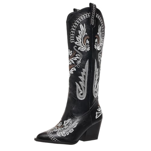 Hamesk Cowboystiefel für Damen, breite Wade, Cowgirl-Stiefel, bestickt, Westernstiefel, spitzer Zehenbereich, klobiger Absatz, kniehoch, Retro-Stiefel, Schwarz, 36 EU von Hamesk