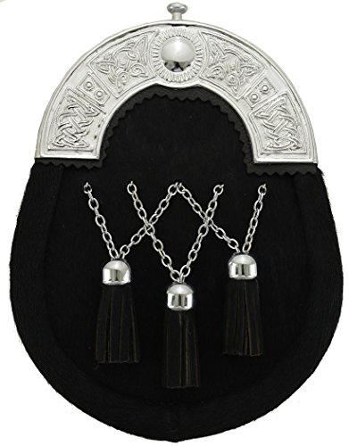 Schwarz Wade Skin Leder Felltasche mit Messing Hinterzwiesel und Tossles von Hamilton Kilts