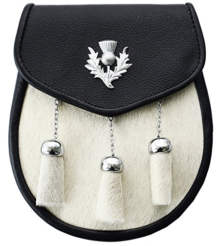Weiß Schottische Highland Distel Leder Felltasche Mit 3 Quasten von Hamilton Kilts
