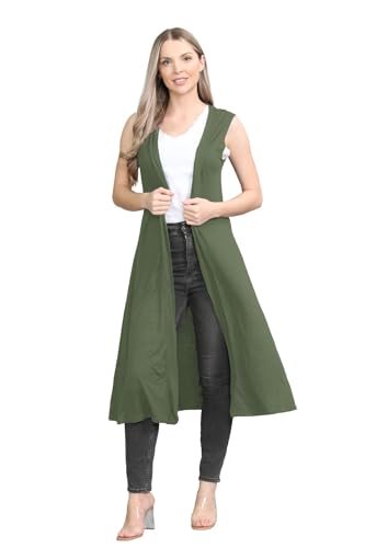 Damen Maxi-Strickjacke, ärmellos, offener Kragen, lange Länge, khaki, M-L von Hamishkane