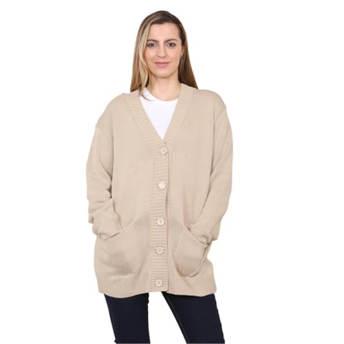 Hamishkane® Übergroße gestrickte Damen-Strickjacke, einfarbig, V-Ausschnitt, Baggy-Stil, Damenpullover mit 5 Knöpfen und zwei Vordertaschen, warme Winter-Cardigans für Damen, Größe 36-54, stone, 50 DE von Hamishkane