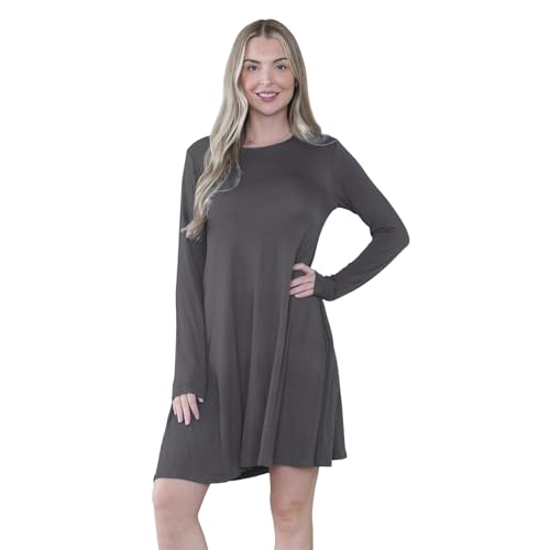 Hamishkane® Damen-Minikleid, einfarbig, Rundhalsausschnitt, lange Ärmel, Kleider für Damen, lässig, A-Linie, ausgestelltes Skaterkleid, dehnbares Sommer-Swing-Mini-Top, Damen-Partykleidung, anthrazit von Hamishkane