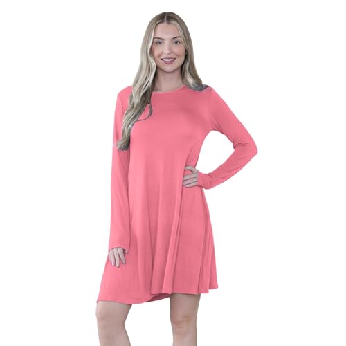 Hamishkane Damen Langärmeliges Kleid mit Rundhalsausschnitt, Swing-Kleid, ausgestellt, A-Linie, Mini-Top, Übergröße Gr. 38-40, korallenrot von Hamishkane