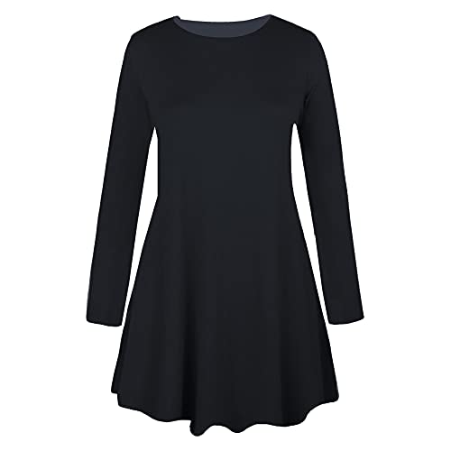 Hamishkane Damen Langärmeliges Kleid mit Rundhalsausschnitt, Swing-Kleid, ausgestellt, A-Linie, Mini-Top, Übergröße Gr. 42/44/Große Größen, Schwarz von Hamishkane