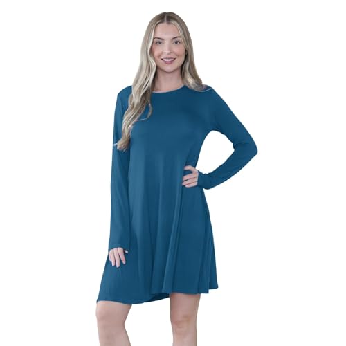 Hamishkane® Damen-Minikleid, einfarbig, Rundhalsausschnitt, lange Ärmel, Kleider für Damen, lässig, A-Linie, ausgestelltes Skaterkleid, dehnbares Sommer-Swing-Mini-Top, Damen-Partykleidung, blaugrün, von Hamishkane