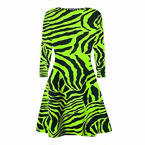 Hamishkane Damen Langärmliges Kleid mit Zebramuster und ausgestelltem Skater-Swing-Kleid, lockeres Partykleid Gr. 38-40, neon green von Hamishkane