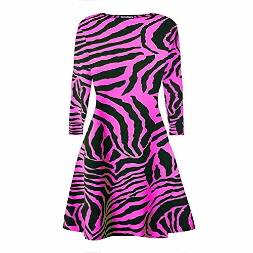 Hamishkane Damen Langärmliges Kleid mit Zebramuster und ausgestelltem Skater-Swing-Kleid, lockeres Partykleid Gr. 42/44/Große Größen, neon pink von Hamishkane