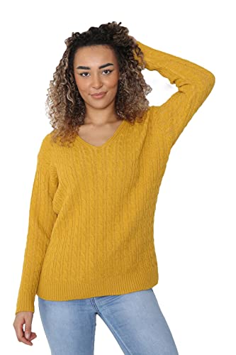 Hamishkane Damen Langarm Pullover V-Ausschnitt Zopfstrickpullover Casual Winter Sweater Top, senffarben, 38-40 von Hamishkane