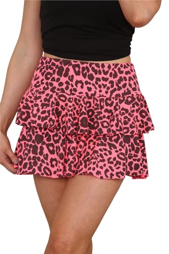 Hamishkane Damen Rara Rock Zebra Leopard Gedruckt Rüschen Lagenrock Party Dance Club Wear Minirock, Neon Pink Leopard, 40-42 von Hamishkane