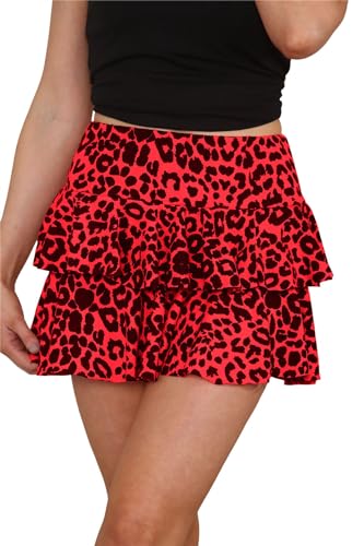 Hamishkane Damen Rara Rock Zebra Leopard Gedruckt Rüschen Lagenrock Party Dance Club Wear Minirock, rotes leopardenmuster, 40-42 von Hamishkane