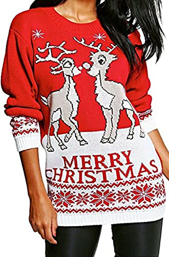 Hamishkane Damen Rentier Xmas Strickkleid Neuheit Party Weihnachten Pullover Kleid Tunika Mini Top, Rotes küssendes Rentier, 34-36 von Hamishkane