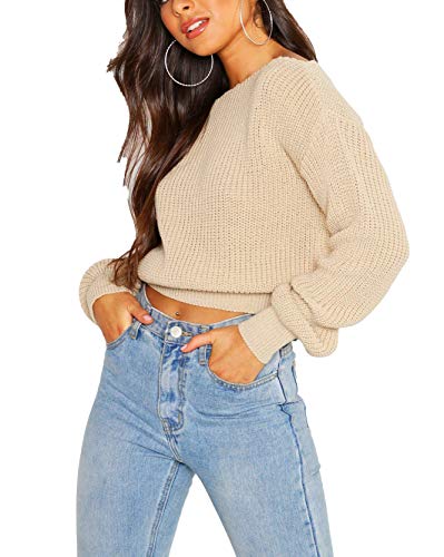 Hamishkane Damen Schulterfrei, gestrickt, lange Ärmel, Cropped-Pullover, Baggy Sweater, warmes Top Gr. 38-40, stone von Hamishkane