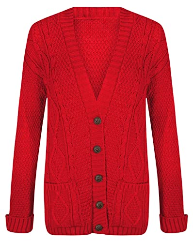 Hamishkane Damen Strickjacke, langärmelig, Aran, mit Zopfmuster, Knopfverschluss, Großvater, rot, 34-36 von Hamishkane