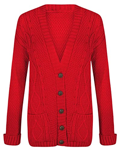 Hamishkane Damen Strickjacke, langärmelig, Aran, mit Zopfmuster, Knopfverschluss, Großvater, rot, 38-40 von Hamishkane