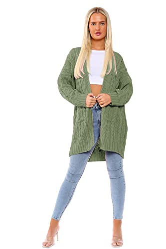 Hamishkane Damen-Strickjacke, übergroß, mit Zopfmuster, khaki, 46/48/Große Größen von Hamishkane