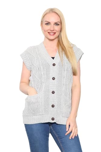 Hamishkane® Ärmellose Damen-Strickjacke, V-Ausschnitt, Strickweste, Knopfleiste, ärmellose Strickjacken für Damen, Strickjacken mit Taschen, 5 Knöpfe, Zopfstrick-Cardigan, grau, 42-44 von Hamishkane