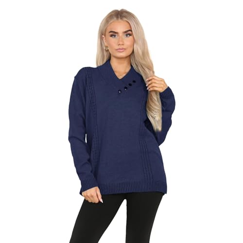 Hamishkane Damen Strickpullover Langarm Pullover Frauen V-Ausschnitt Pullover Shawn Collar 4 Knöpfe Winter Sweater, navy, 34-36 von Hamishkane