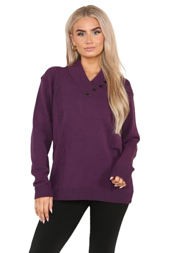 Hamishkane Damen Strickpullover Langarm Pullover Frauen V-Ausschnitt Pullover Shawn Kragen 4 Knöpfe Winter Pullover, violett, 34-36 von Hamishkane