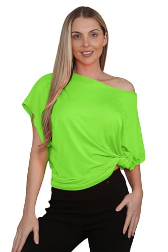 Hamishkane Damen-Top mit Bindeknoten, Übergröße, kurzärmelig, schulterfrei, Bardot-T-Shirt, Sommer-Party-Tops, neon green, 46-48 von Hamishkane