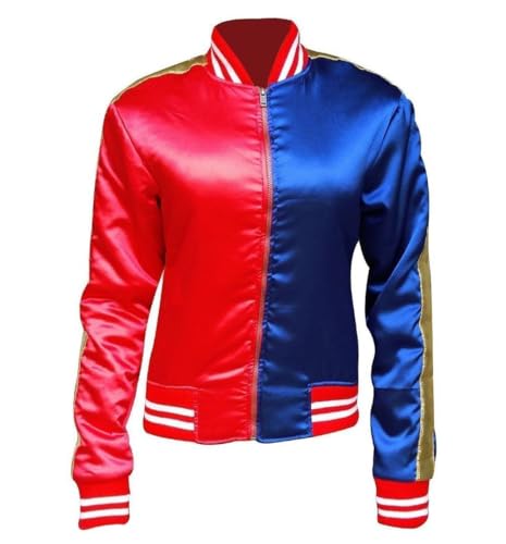 Hamishkane® Halloween-Kostümjacke für Damen, mit Jokermotiv, Partykleidung, Satin-Jacke, Halloween-rote und blaue Jacken für Damen, Bomber-Satin-Jacken für Damen, Rot und Blau – Jacke, 8-10 von Hamishkane