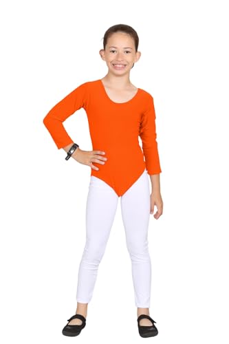 Hamishkane Kinder Mädchen Mikrofaser Gymnastikanzug Tanz Gymnastik Ballett Langarm Body Top, neon-orange, 13-14 Jahre von Hamishkane