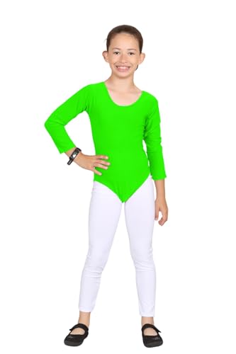 Hamishkane Gymnastikanzug für Kinder, Mädchen, Mikrofaser, Tanz, Gymnastik, Ballett, Langarm-Body, neon green, 7-8 Years von Hamishkane