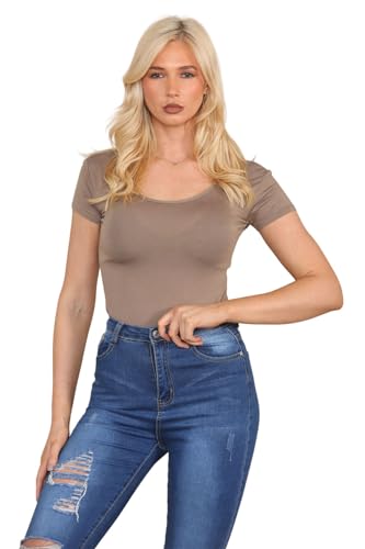 Hamishkane Neu Frauen Plain Runden Hals Kurz Ärmel Basic Schlank Passen Trikot Bodysuit Oben von Hamishkane