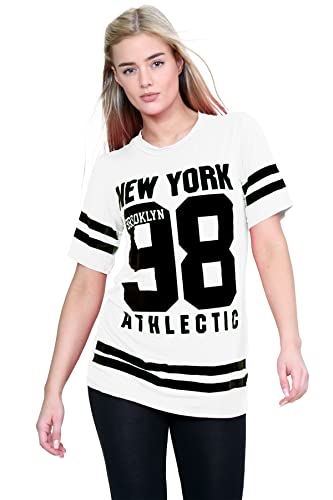 Hamishkane New York 98 Brooklyn Damen-Baseball-T-Shirt, gestreift, Oversize, Baggy, weiß, 38-40 von Hamishkane