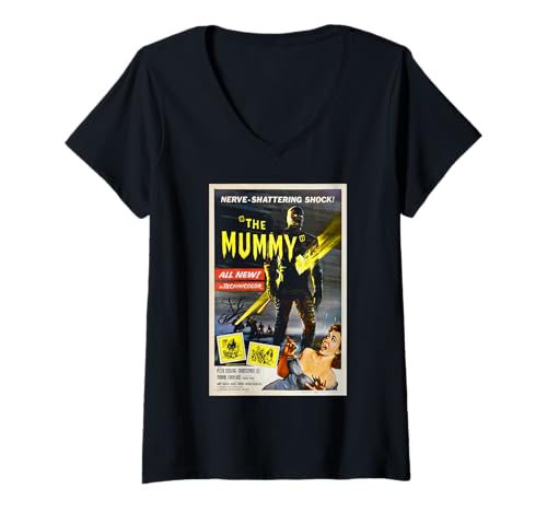 Damen Die Mumie, nervenzerschmetterndes Filmplakat Christopher Lee T-Shirt mit V-Ausschnitt Damen Die Mumie, nervenzerschmetterndes Filmplakat Christopher Lee T-Shirt mit V-Ausschnitt von Hammer Horror