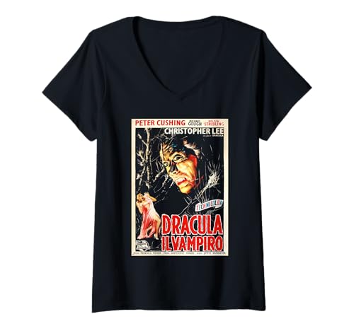 Damen Italienisches Filmposter Dracula Il Vampiro, Christopher Lee T-Shirt mit V-Ausschnitt Damen Italienisches Filmposter Dracula Il Vampiro, Christopher Lee T-Shirt mit V-Ausschnitt von Hammer Horror