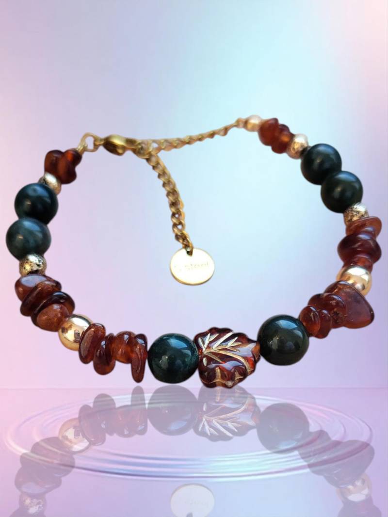 Herbstfeuer - Armband Mit Granatsplittern & Moosachat Herbst Schmuck, Natursteinarmband Blattperle, Handgemacht Herbstfeuer - Armband Mit Granatsplittern & Moosachat Herbst Schmuck, Natursteinarmband Blattperle, Handgemacht von HammerTonPerle