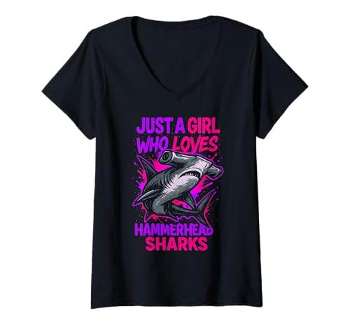 Damen Girl Who Loves Hammerhead Shark Surf Shop Fun Damen Ocean T-Shirt mit V-Ausschnitt Damen Girl Who Loves Hammerhead Shark Surf Shop Fun Damen Ocean T-Shirt mit V-Ausschnitt von Hammerhead Harmony - Surf's Up Shark Apparel