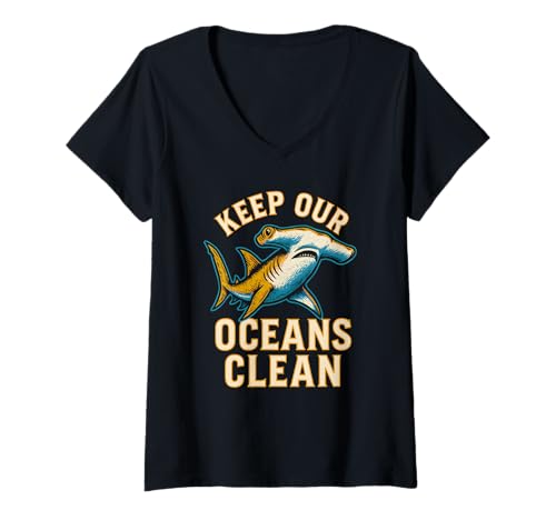 Damen Hammerhead Keep Our Oceans Clean Vintage Herren Hai T-Shirt mit V-Ausschnitt Damen Hammerhead Keep Our Oceans Clean Vintage Herren Hai T-Shirt mit V-Ausschnitt von Hammerhead Harmony - Surf's Up Shark Apparel