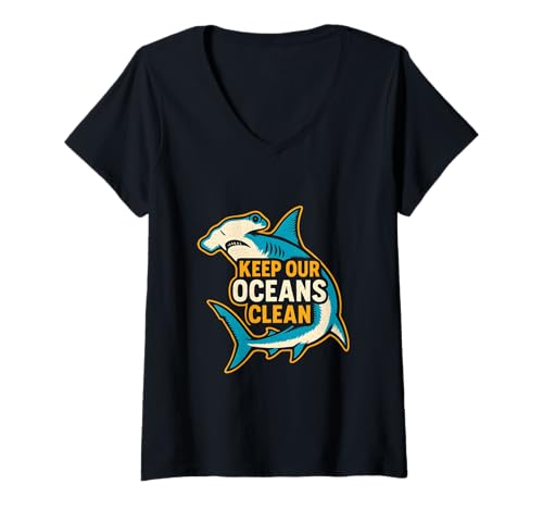 Damen Hammerhead Keep Our Oceans Clean Vintage Herren Hai T-Shirt mit V-Ausschnitt Damen Hammerhead Keep Our Oceans Clean Vintage Herren Hai T-Shirt mit V-Ausschnitt von Hammerhead Harmony - Surf's Up Shark Apparel