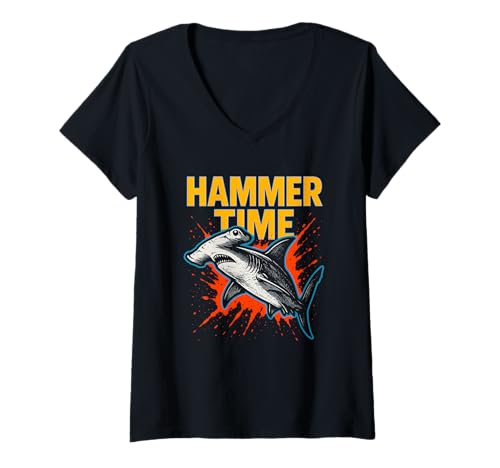 Damen Hammerhead Shark Hammer Time Ocean Surf T-Shirt mit V-Ausschnitt Damen Hammerhead Shark Hammer Time Ocean Surf T-Shirt mit V-Ausschnitt von Hammerhead Harmony - Surf's Up Shark Apparel