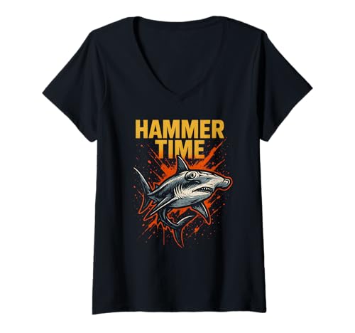 Damen Hammerhead Shark Hammer Time Ocean Surf T-Shirt mit V-Ausschnitt Damen Hammerhead Shark Hammer Time Ocean Surf T-Shirt mit V-Ausschnitt von Hammerhead Harmony - Surf's Up Shark Apparel