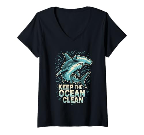 Damen Hammerhead Shark Keep Ocean Clean Retro-Kinderstrand T-Shirt mit V-Ausschnitt Damen Hammerhead Shark Keep Ocean Clean Retro-Kinderstrand T-Shirt mit V-Ausschnitt von Hammerhead Harmony - Surf's Up Shark Apparel