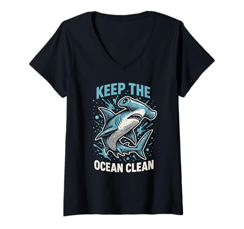 Damen Hammerhead Shark Keep Ocean Clean Retro-Kinderstrand T-Shirt mit V-Ausschnitt Damen Hammerhead Shark Keep Ocean Clean Retro-Kinderstrand T-Shirt mit V-Ausschnitt von Hammerhead Harmony - Surf's Up Shark Apparel