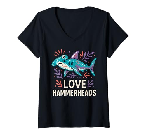 Damen Hammerhead Shark Love Cute Damen Surf T-Shirt mit V-Ausschnitt Damen Hammerhead Shark Love Cute Damen Surf T-Shirt mit V-Ausschnitt von Hammerhead Harmony - Surf's Up Shark Apparel