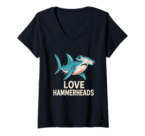 Damen Hammerhead Shark Love Cute Damen Surf T-Shirt mit V-Ausschnitt Damen Hammerhead Shark Love Cute Damen Surf T-Shirt mit V-Ausschnitt von Hammerhead Harmony - Surf's Up Shark Apparel