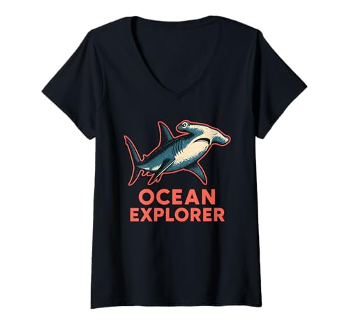Damen Hammerhead Shark Ocean Explorer Surf's Up Herren Beach T-Shirt mit V-Ausschnitt Damen Hammerhead Shark Ocean Explorer Surf's Up Herren Beach T-Shirt mit V-Ausschnitt von Hammerhead Harmony - Surf's Up Shark Apparel