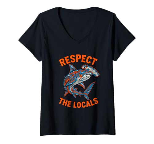 Damen Hammerhead Shark Respect The Locals im Retro-Surfstil T-Shirt mit V-Ausschnitt Damen Hammerhead Shark Respect The Locals im Retro-Surfstil T-Shirt mit V-Ausschnitt von Hammerhead Harmony - Surf's Up Shark Apparel