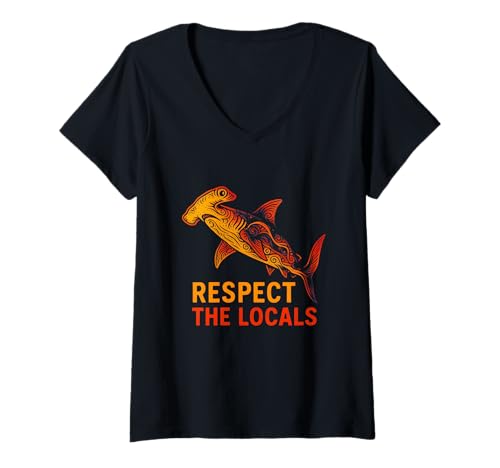 Damen Hammerhead Shark Respektiere den lokalen Meereshai T-Shirt mit V-Ausschnitt Damen Hammerhead Shark Respektiere den lokalen Meereshai T-Shirt mit V-Ausschnitt von Hammerhead Harmony - Surf's Up Shark Apparel