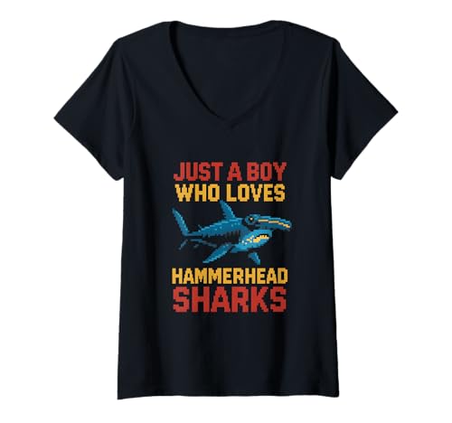 Damen Junge liebt Hammerhaie surft den Ozean hinauf T-Shirt mit V-Ausschnitt Damen Junge liebt Hammerhaie surft den Ozean hinauf T-Shirt mit V-Ausschnitt von Hammerhead Harmony - Surf's Up Shark Apparel