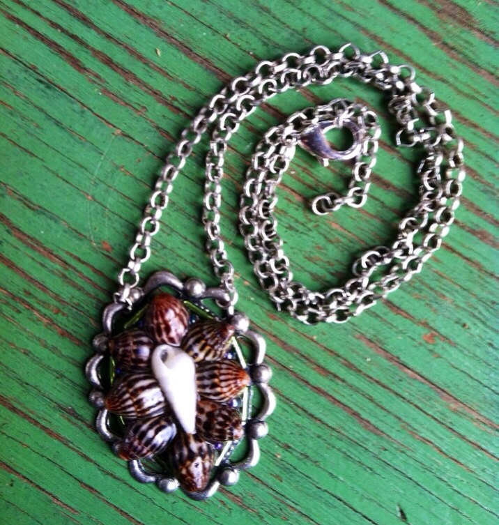 Gerahmte Eulimid Shell Und Periwinkle Burst Halskette W/Grüne Akzente Glasperle Auf Platten Metallkette Mit Claw Haken Handgemacht Gerahmte Eulimid Shell Und Periwinkle Burst Halskette W/Grüne Akzente Glasperle Auf Platten Metallkette Mit Claw Haken Handgemacht von HammerheadJunkyard