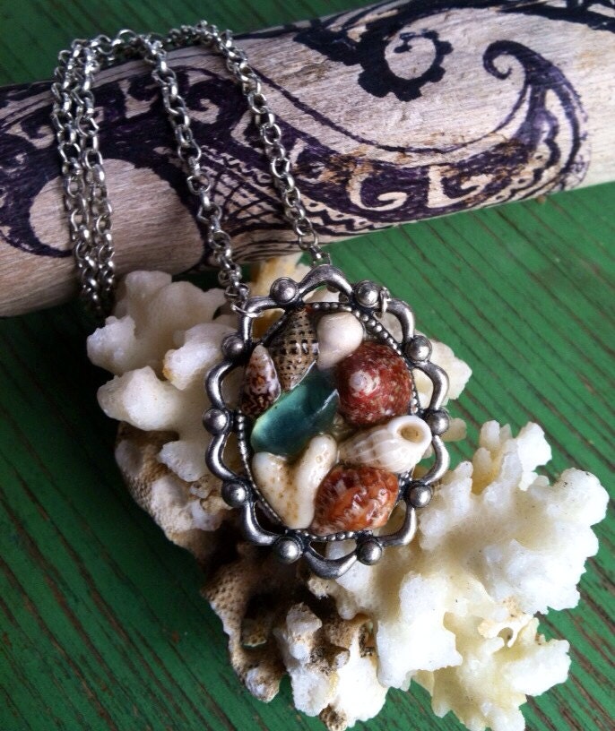Perfekt Gerahmt Sea Shell Collage Halskette Meer Glas, Sonnenuhr Shell, Wentletrap Korallen Herz Auf Vergoldete Kette Mit Claw Haken Perfekt Gerahmt Sea Shell Collage Halskette Meer Glas, Sonnenuhr Shell, Wentletrap Korallen Herz Auf Vergoldete Kette Mit Claw Haken von HammerheadJunkyard